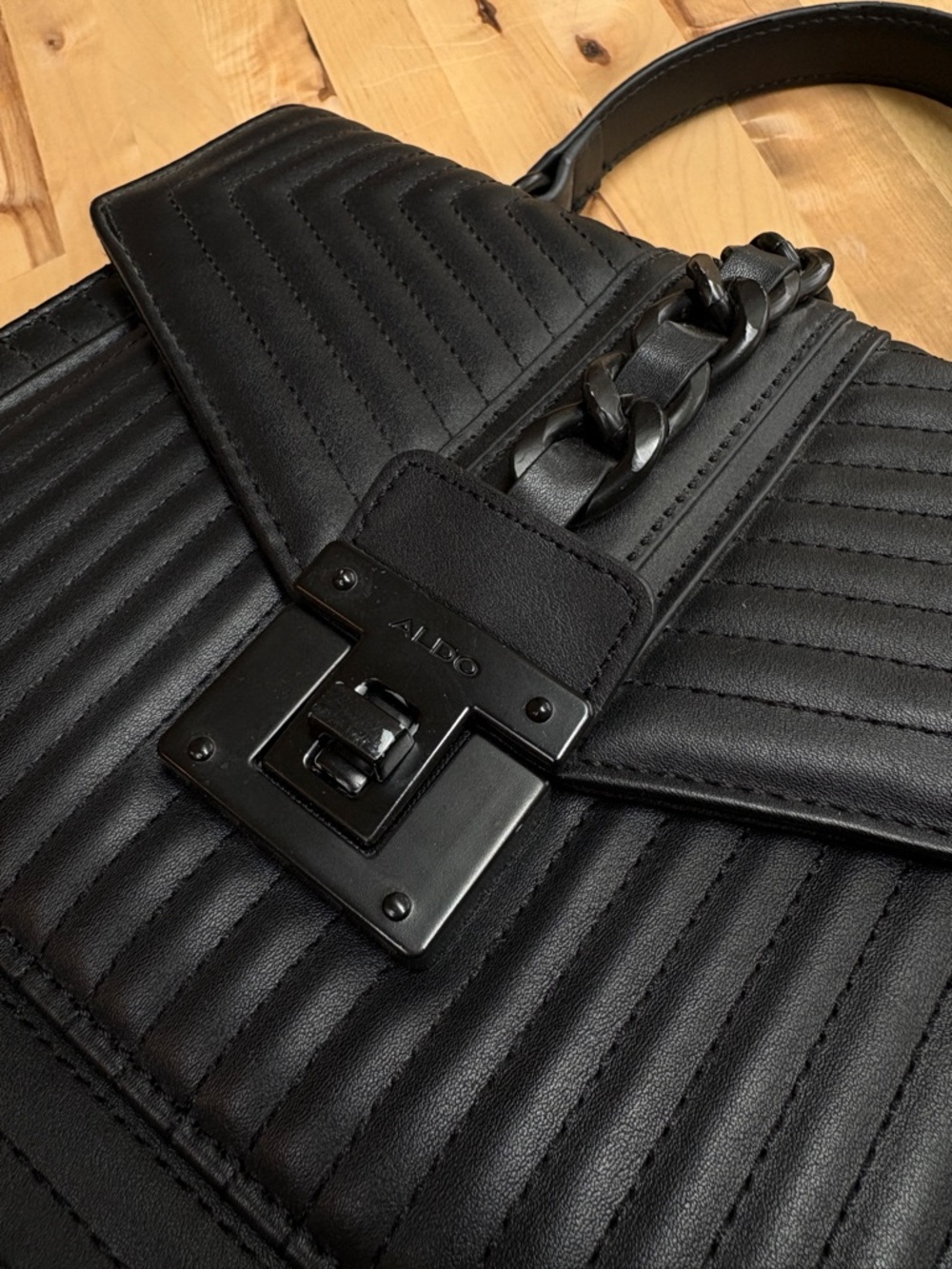 Aldo Black Quilted Chain-Accent Top Handle Satchel - Picture 8 of 14